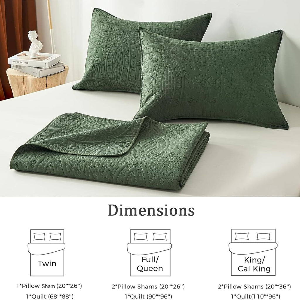 Quilted Bedding Set — Olive Green Ultrasonic Embossed Full/Queen Comforter Set.