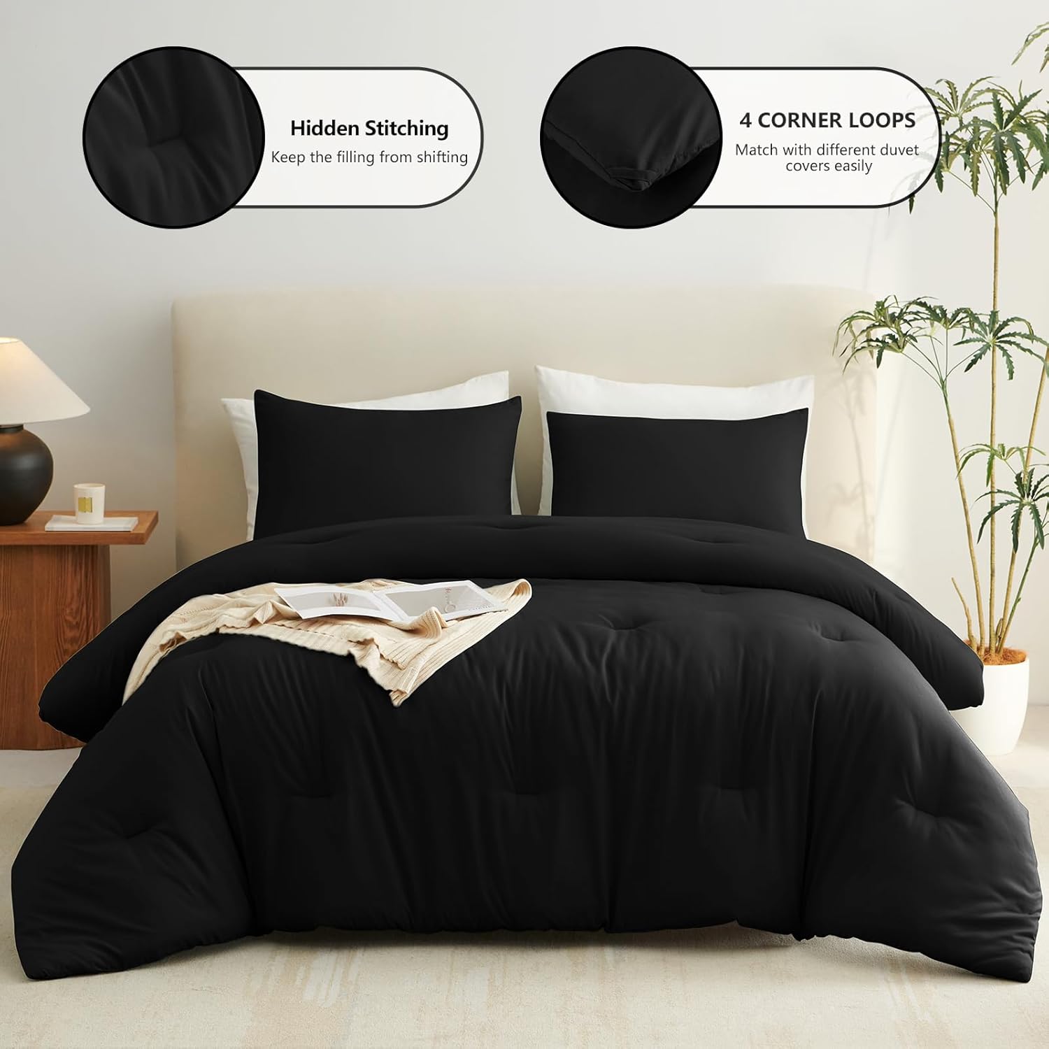 Black Queen-size 3-piece quilted bedding set.