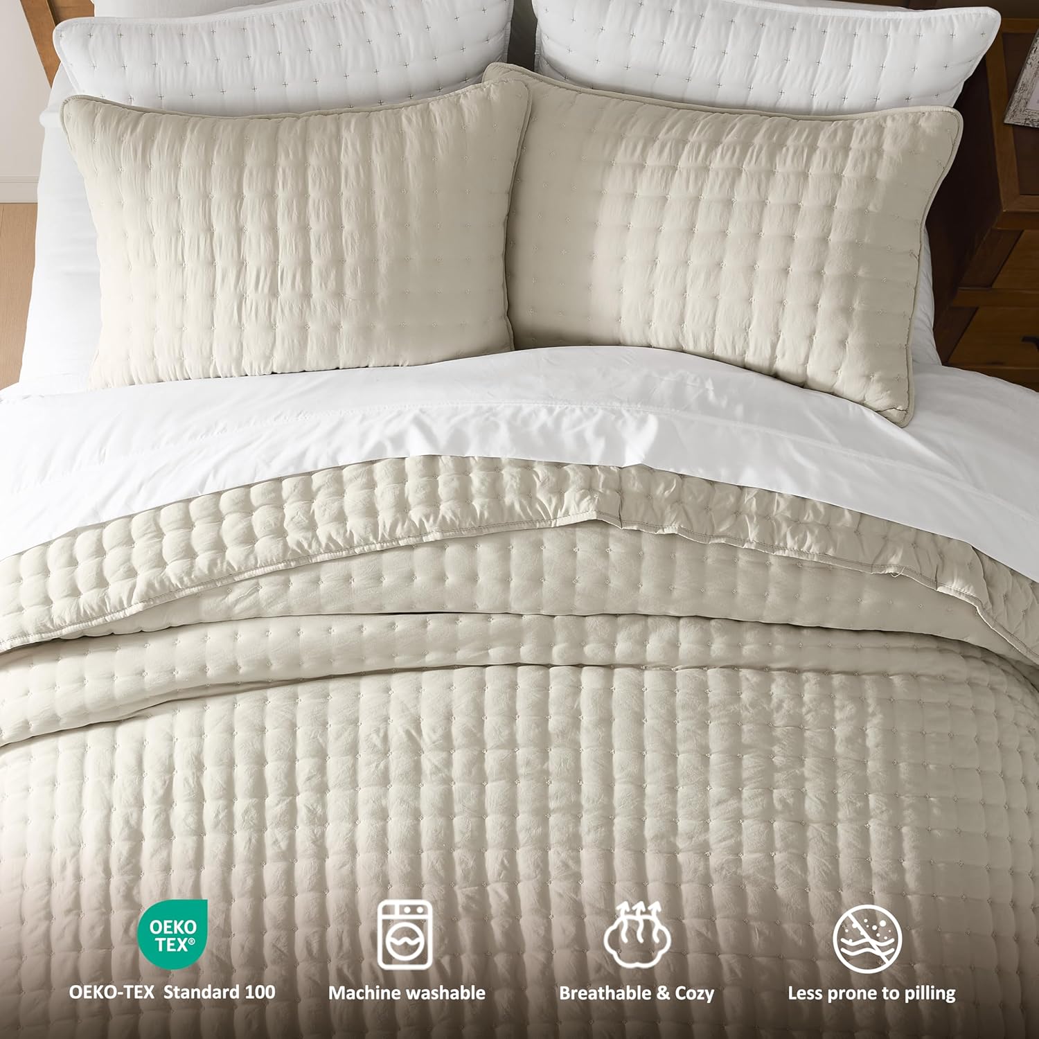 Beige King Size quilted bedding set (includes 2 pillowcases).
