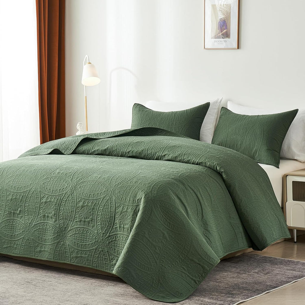 Quilted Bedding Set — Olive Green Ultrasonic Embossed Full/Queen Comforter Set.