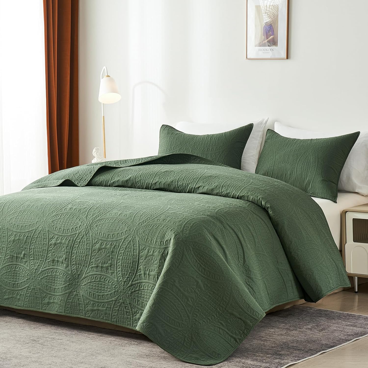Quilted Bedding Set — Olive Green Ultrasonic Embossed Full/Queen Comforter Set.