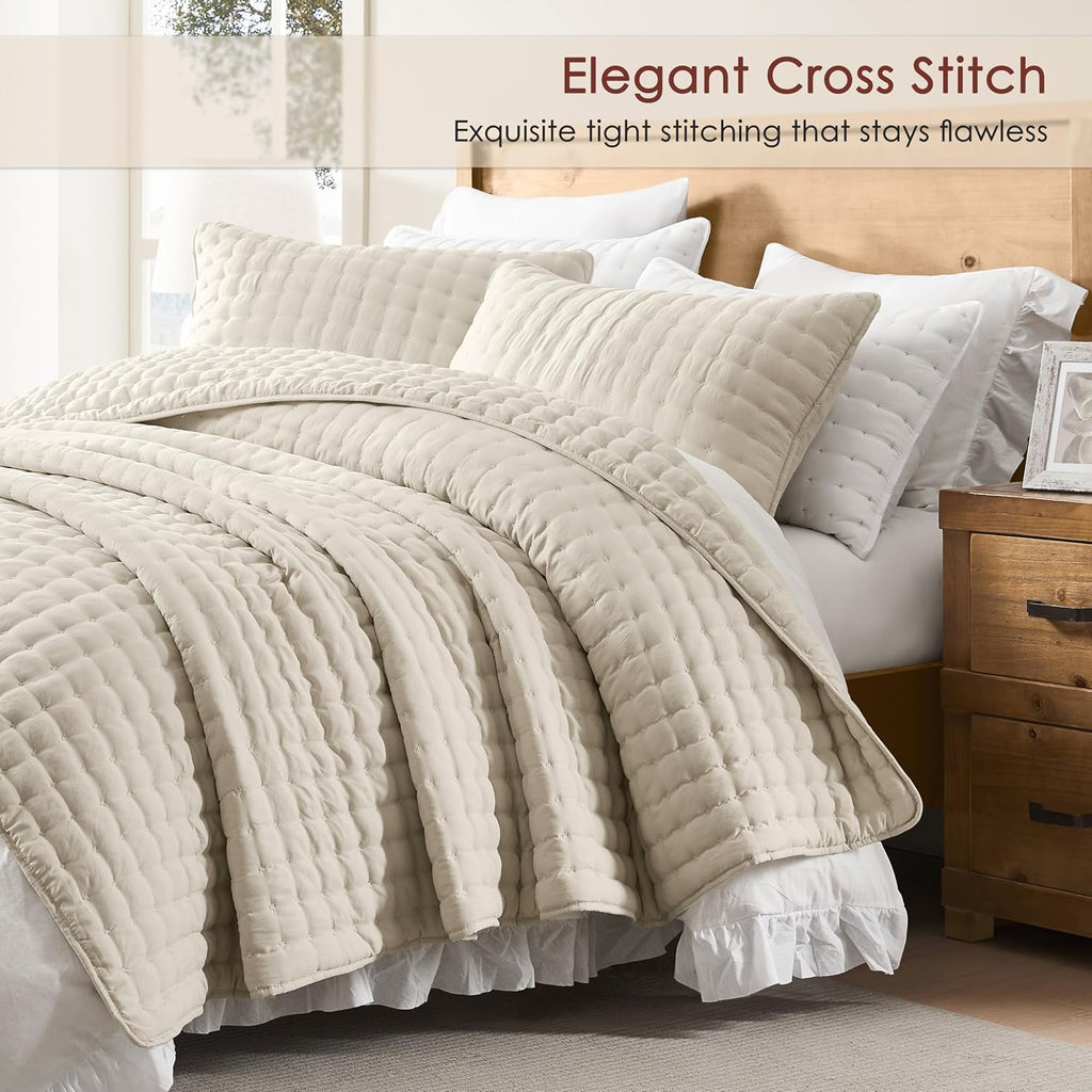 Beige King Size quilted bedding set (includes 2 pillowcases).