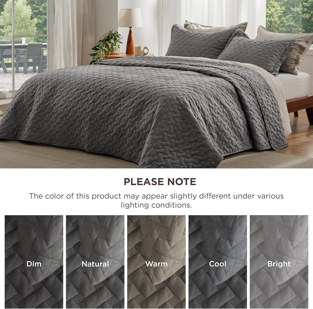 Quilted Bedspread — Grey Basket-Weave Pattern (Queen Size). Soft Quilted Bedding Set.