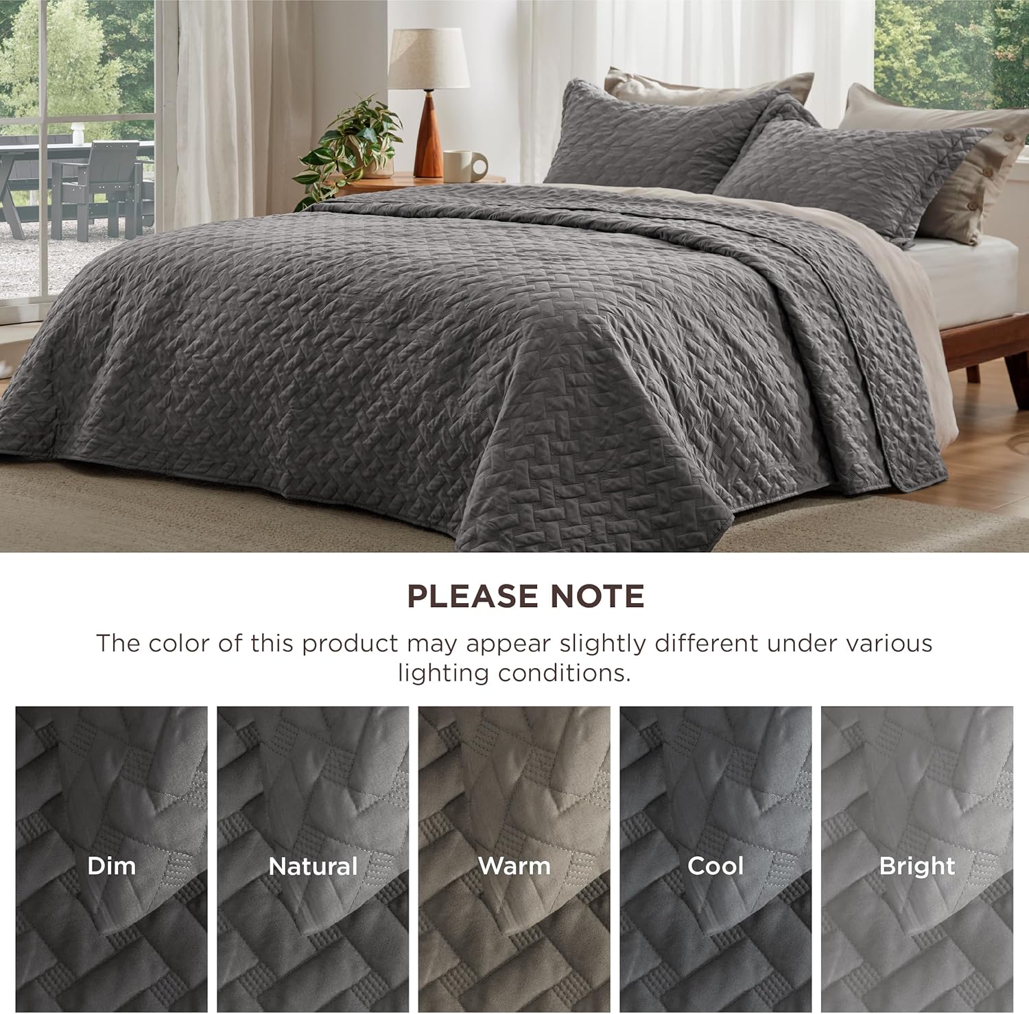 Quilted Bedspread — Grey Basket-Weave Pattern (Queen Size). Soft Quilted Bedding Set.