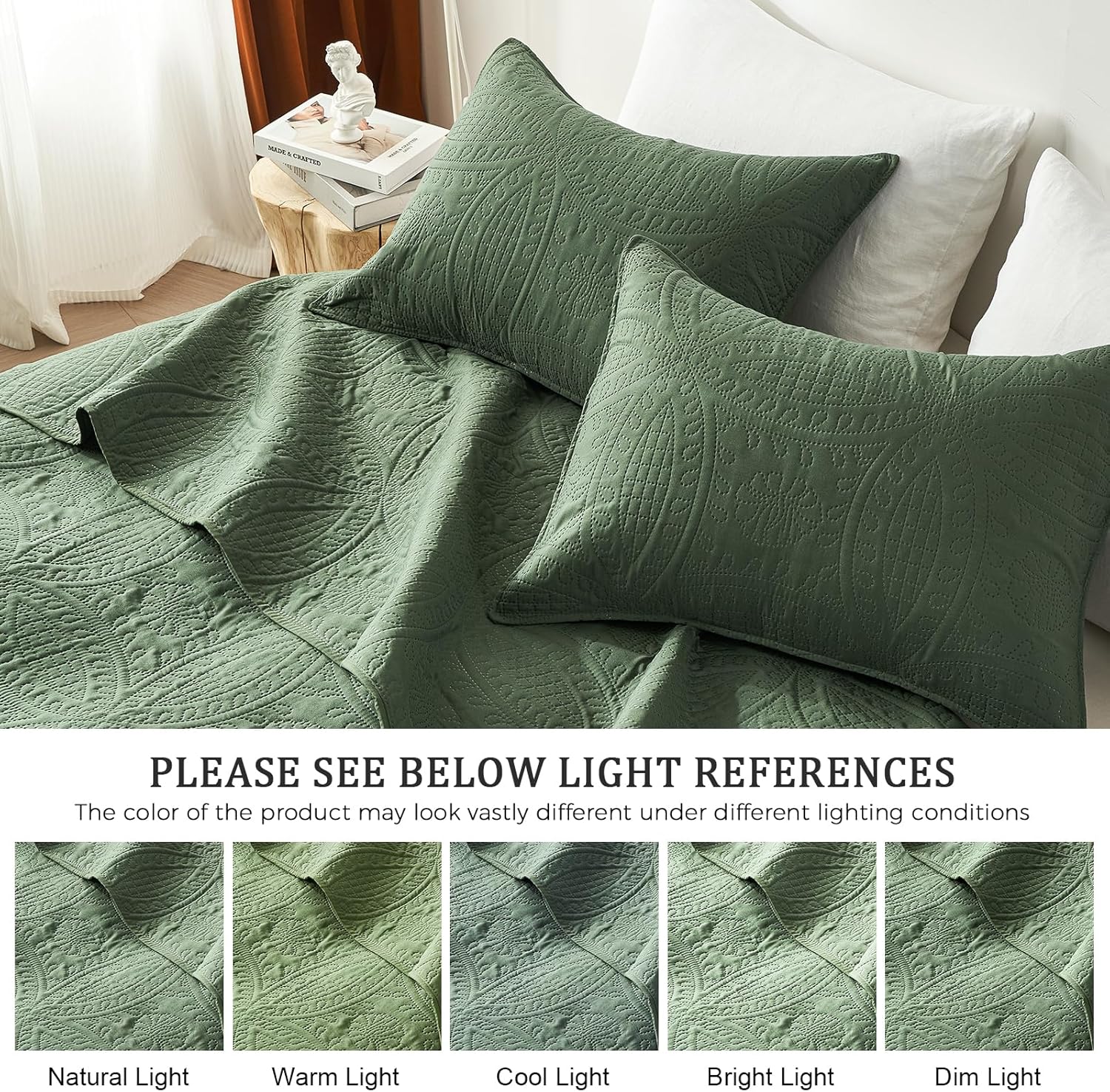 Quilted Bedding Set — Olive Green Ultrasonic Embossed Full/Queen Comforter Set.