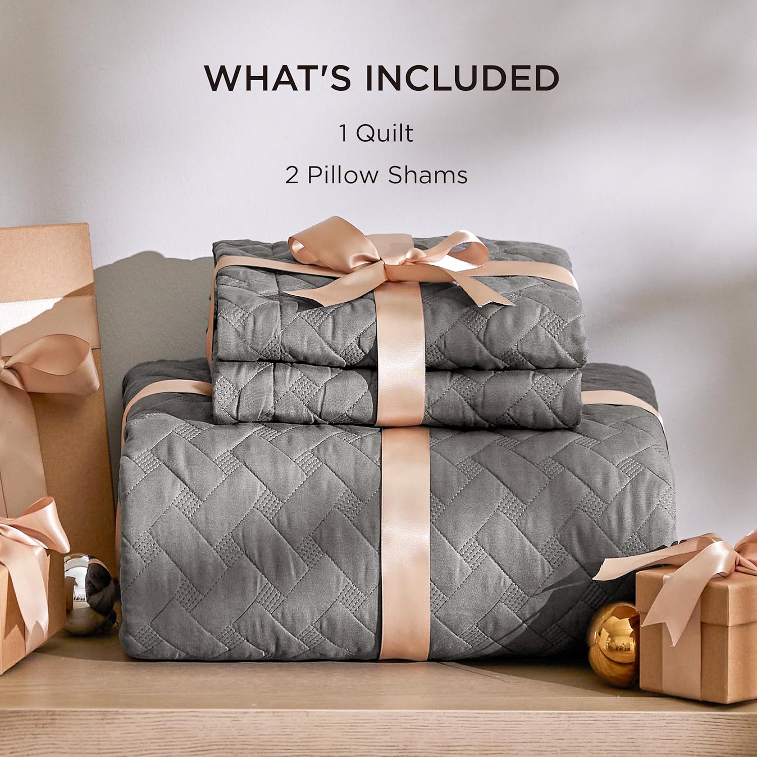 Quilted Bedspread — Grey Basket-Weave Pattern (Queen Size). Soft Quilted Bedding Set.