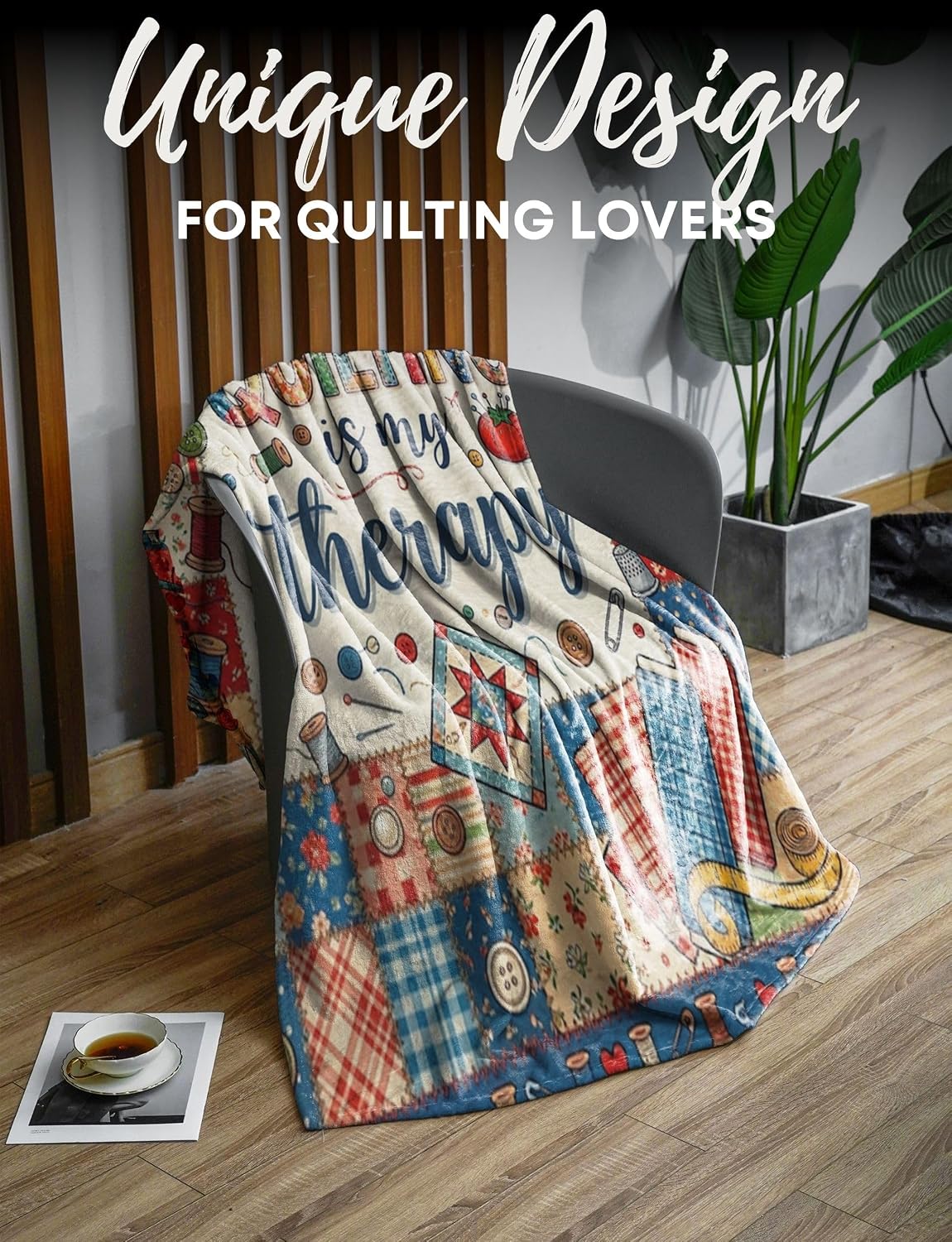Quilting-themed throw blanket—a gift for quilting enthusiasts.