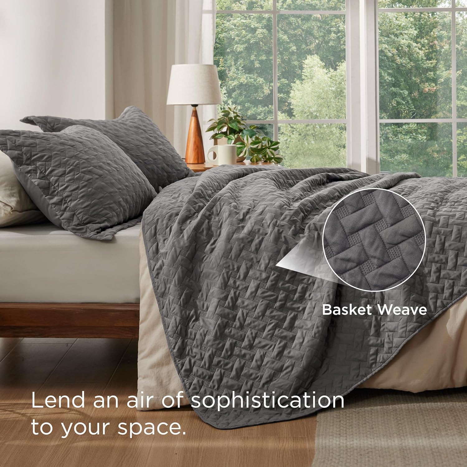 Quilted Bedspread — Grey Basket-Weave Pattern (Queen Size). Soft Quilted Bedding Set.