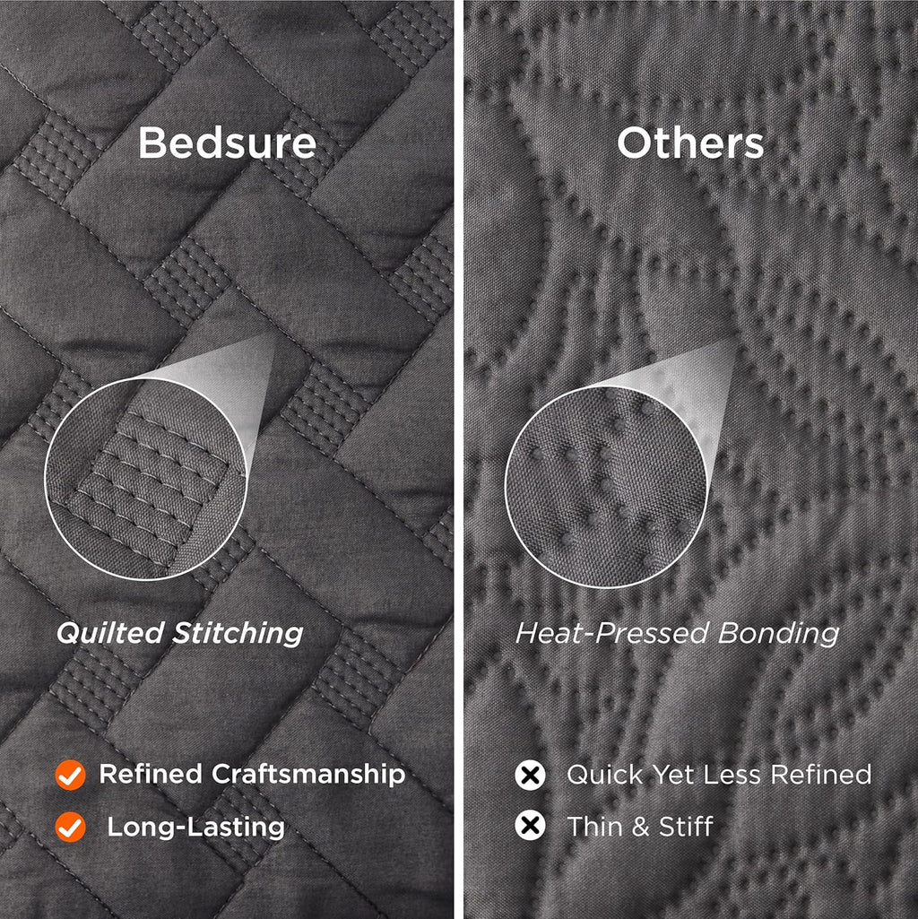Quilted Bedspread — Grey Basket-Weave Pattern (Queen Size). Soft Quilted Bedding Set.